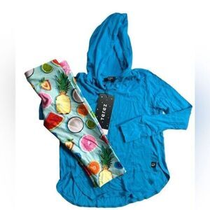 NWT Terez Child Girls 2 Piece Blue Long Sleeve Hoodie with Bike Shorts- Siz3 5/6